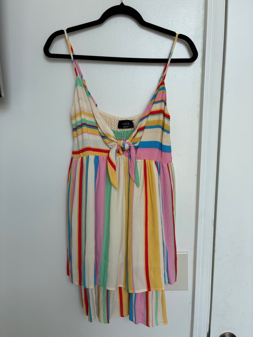 Vici Pastel Rainbow Striped Tie-Front Sundress